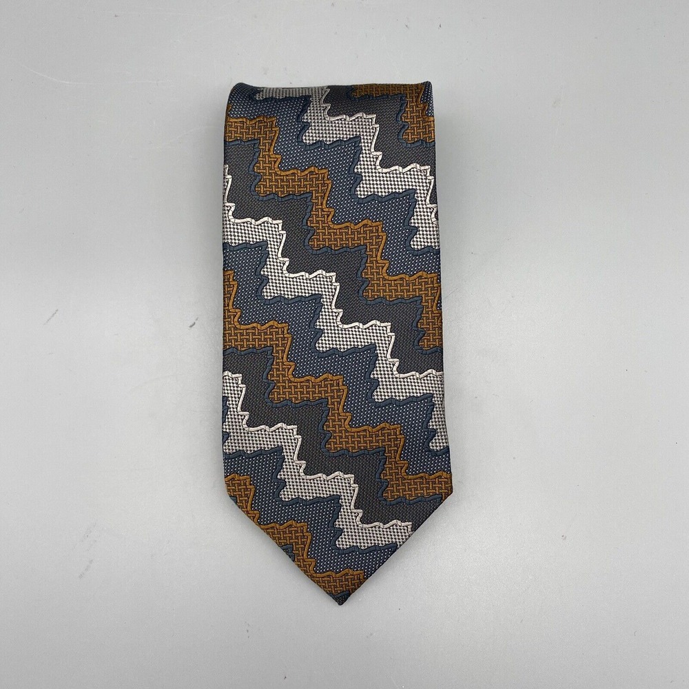 Jhane Barnes Platinum Jacquard All Silk‎ Necktie Dark &Light Gray And Brown 59"